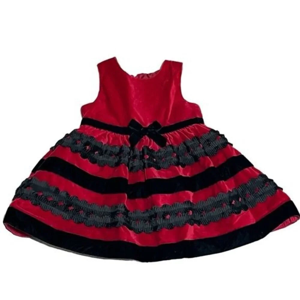 The Children’s Place Baby Girl 6-9M Red Black Velvet Holiday Dress |‎ Christmas
